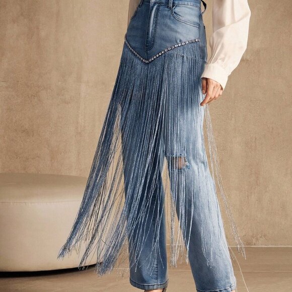 Blue Party Women's Heavy Fringe Diamond Straight Leg Jeans - Picture 2 of 7